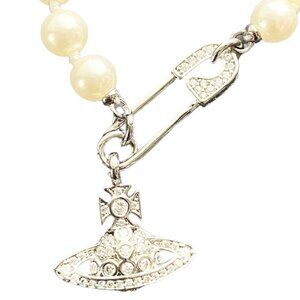 AUTH New VIVIENNE WESTWOOD Silver Swarovski Pearl w Pave Pin Necklace Ret $345